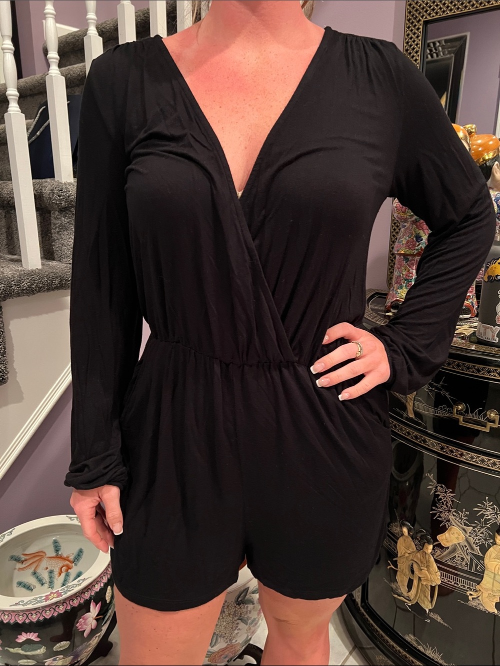 Wet Seal Black Long-Sleeve V-Neck Romper